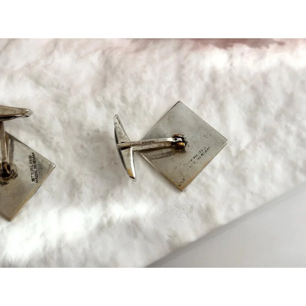 Siam Sterling White Guilloche Square Nielloware Vintage Thai Made 925 Cufflinks